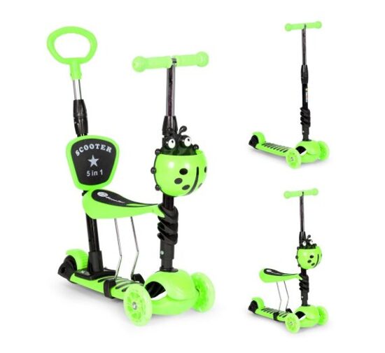 Triratis paspirtukas su stūmimo rankena Scooter 5in1, žalias